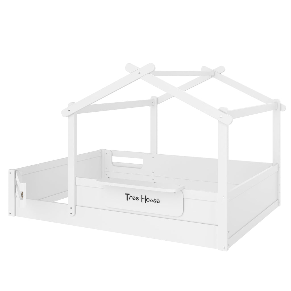 Full Size Floor Bed with Guardrails and Roof, Kids House Floor Bed with a Small Built-in Tray and Free-installed Signboard, Childlike Design, White