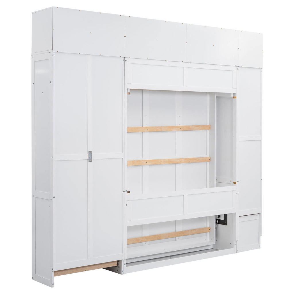 White Full Size Murphy Bed with Lockers and Wardrobes, MDF+Pine, 108.4''L x 15.7''W x 99''H