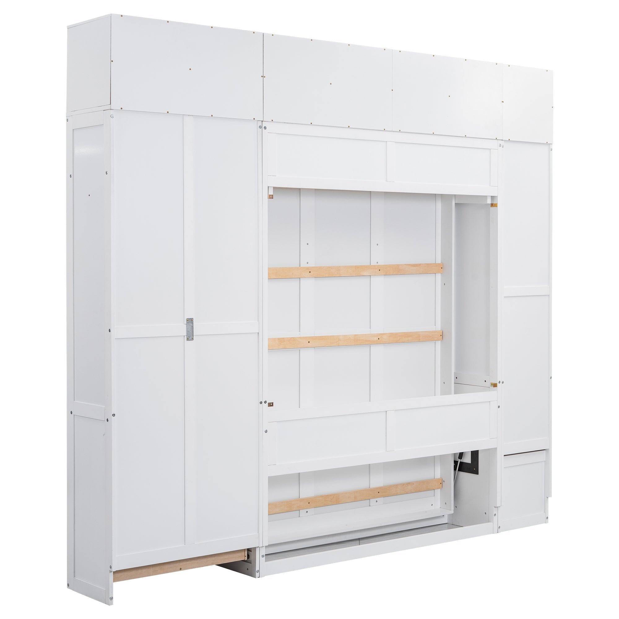 White Full Size Murphy Bed with Lockers and Wardrobes, MDF+Pine, 108.4''L x 15.7''W x 99''H
