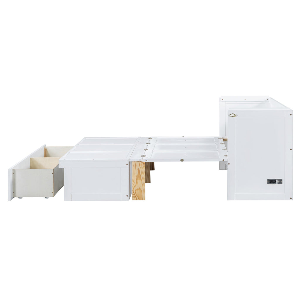 Full Size Murphy Bed with USB Port and a Large Drawer, White