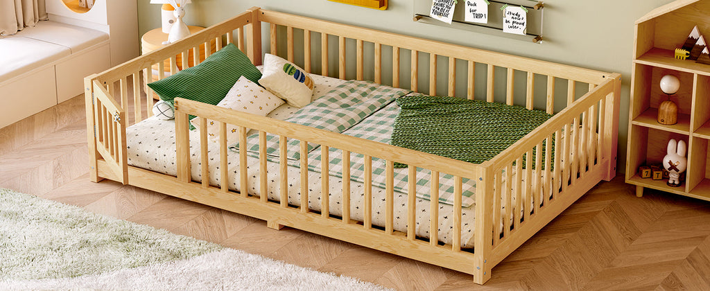 Full Size Bed Floor Bed with Safety Guardrails and Door for Kids, Natural(Old SKU:  W1580P154627)
