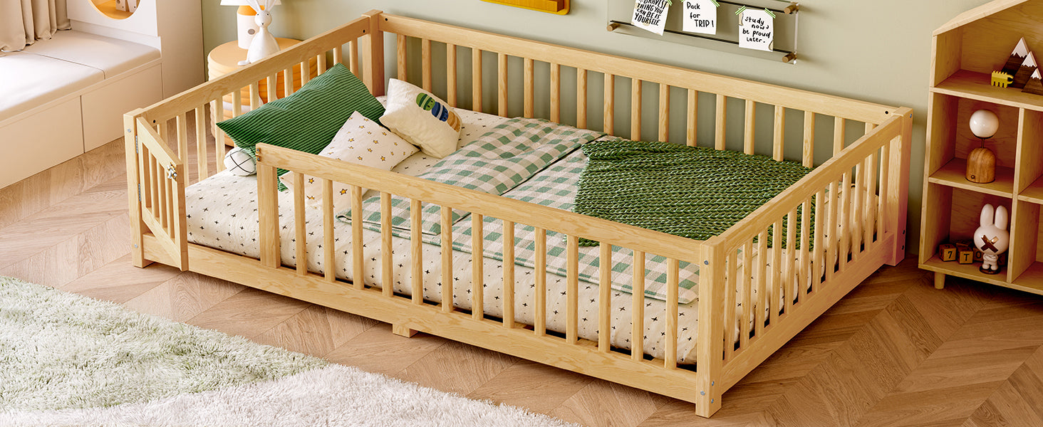 Full Size Bed Floor Bed with Safety Guardrails and Door for Kids, Natural(Old SKU:  W1580P154627)