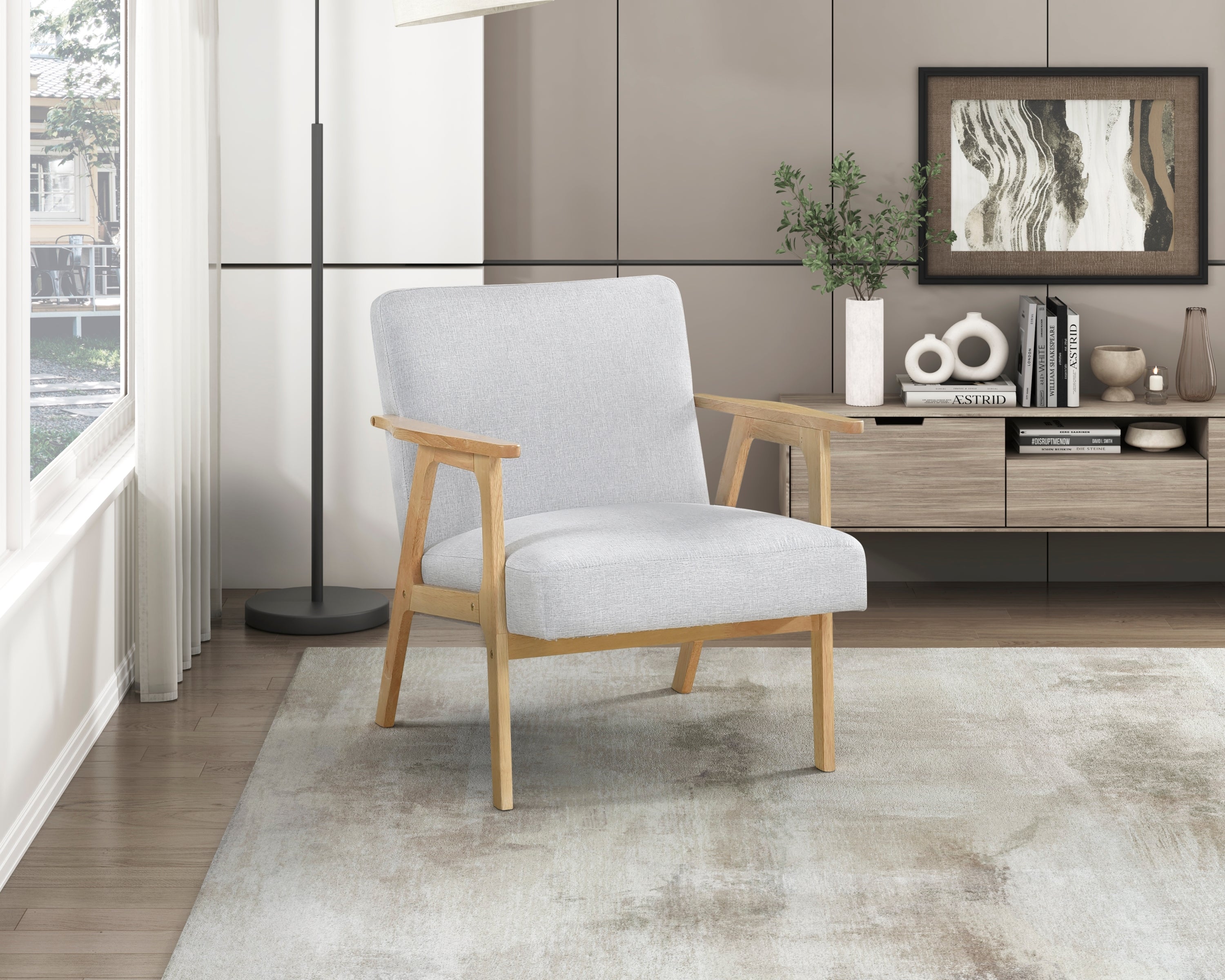 Modern Home Furniture Gray Fabric Upholstery 1pc Accent Chair Solid Rubberwood Natural Finish Contemporary Cushion Seat