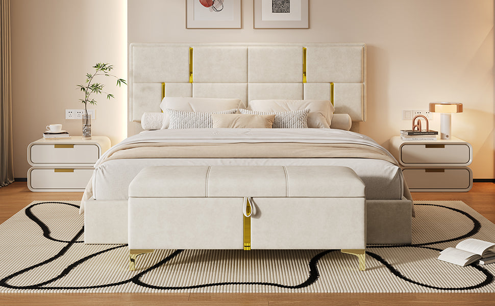 2-Pieces Bedroom Sets,Queen Size Upholstered Platform Bed with Hydraulic Storage System,Storage Ottoman with Metal Legs,Beige(Old SKU:N733S207778A)