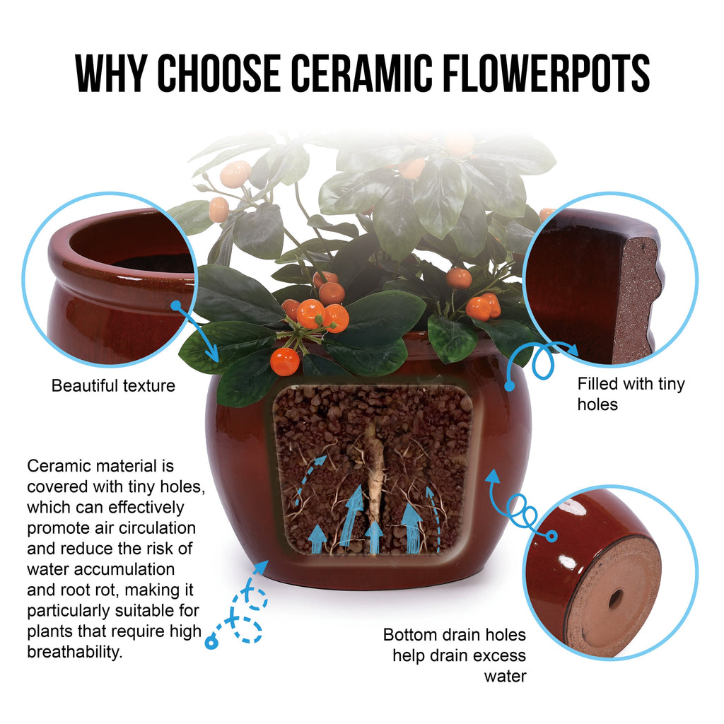 3 Pieces Ceramic Flowerpot, Modern Planter for Patio, Garden or Windowsills - Orange