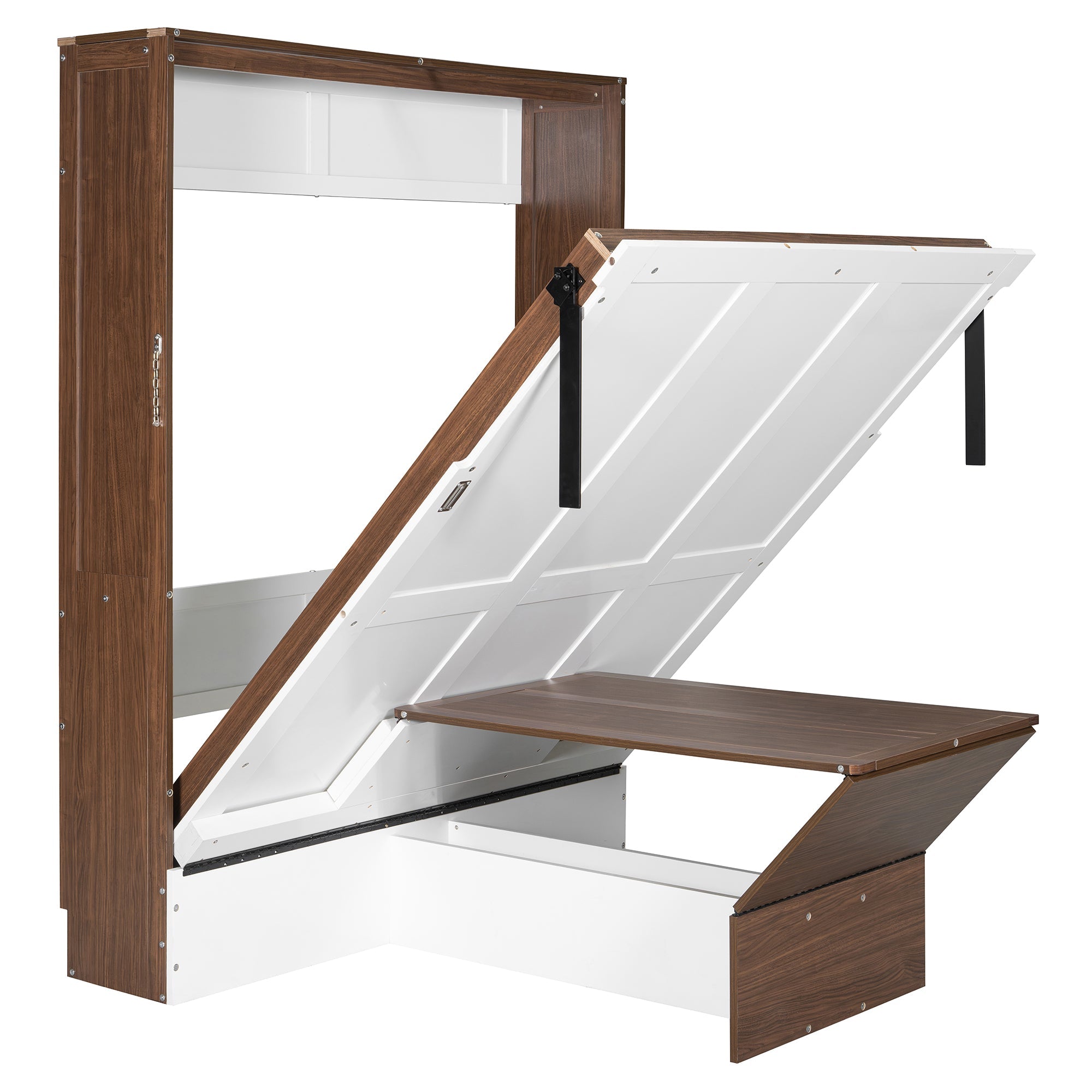 Full Size Murphy Bed with Foldable Desk – Space Saving Wall Bed - Walnut & White