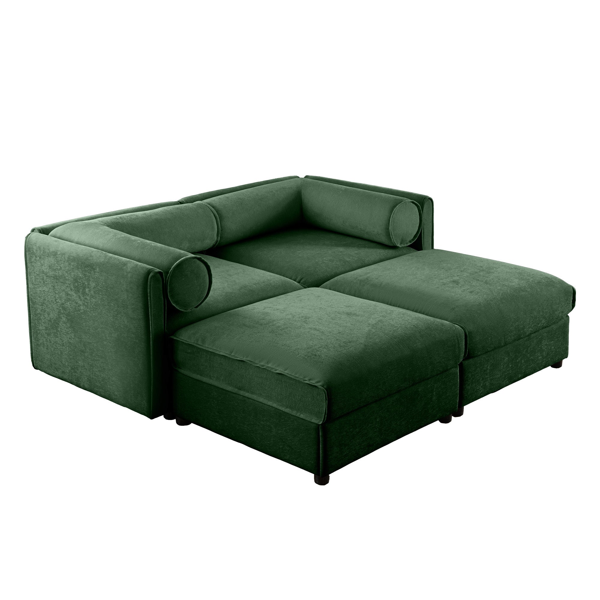 Stylish Green Chenille 2-Seater Sofa with 2 Ottoman Storage Seat, Cylindrical Backrest and Armrests, Modern Fabric Loveseat Featuring Hidden Storage Space