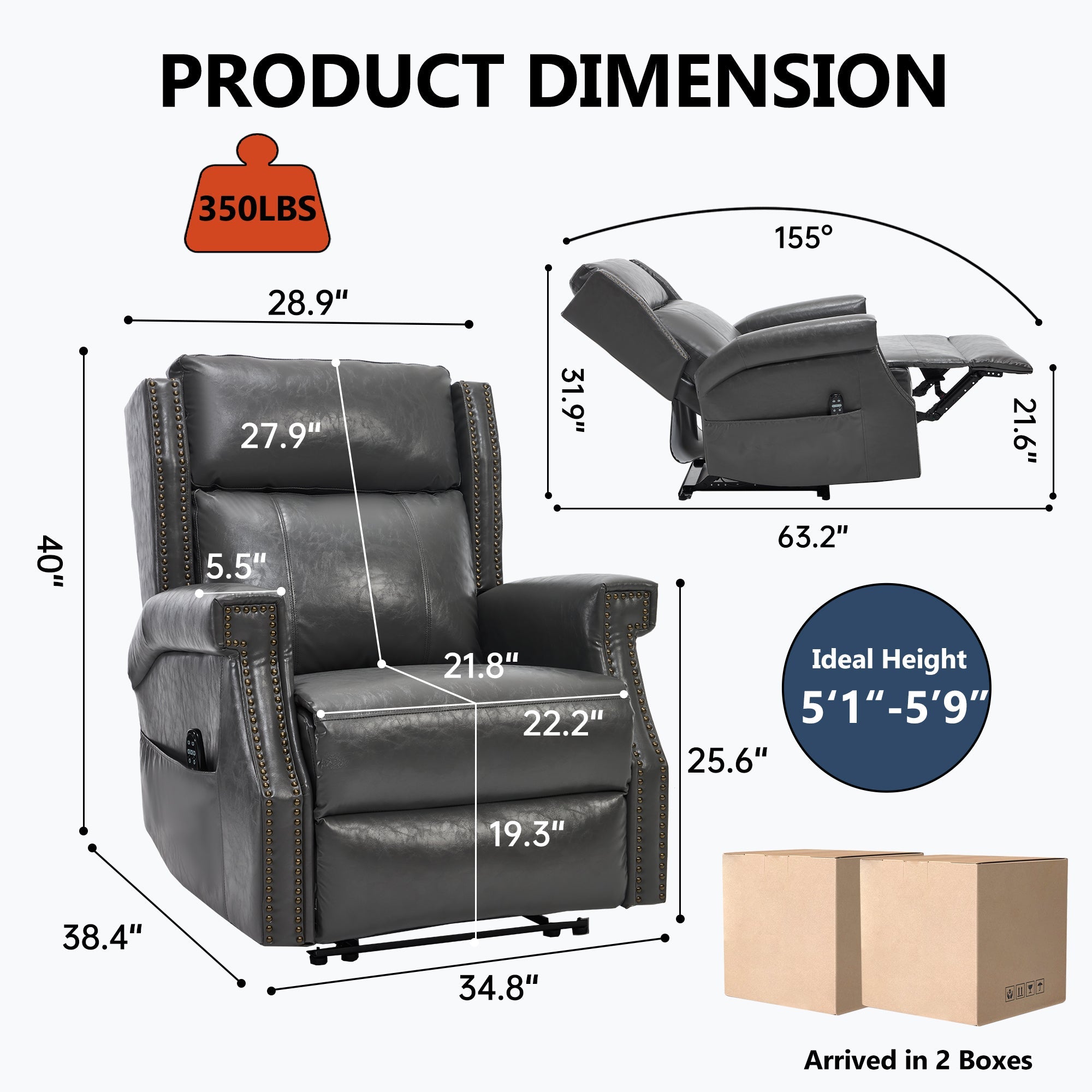 Grey Manual Recliner Chair in Faux Leather for Living Room with Heavy Duty Motion Mechanism, 8 vibrating nodes and 3 massage modes.