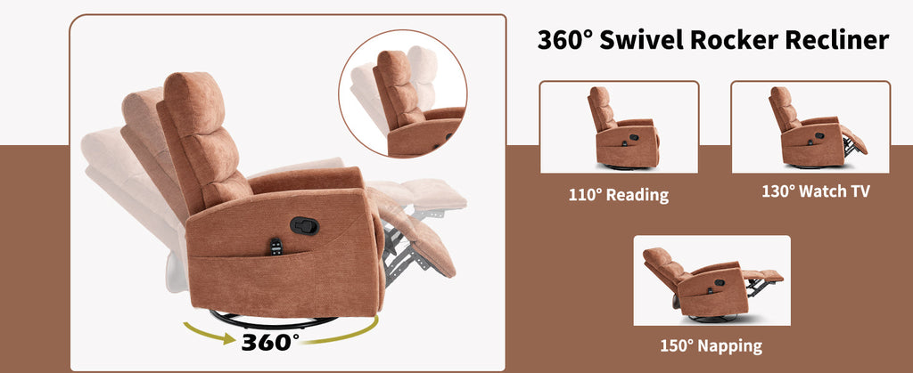 Heat Massage Manual Recliner Chair with Rocker and Swivel in Fabric for Living Room, Orange