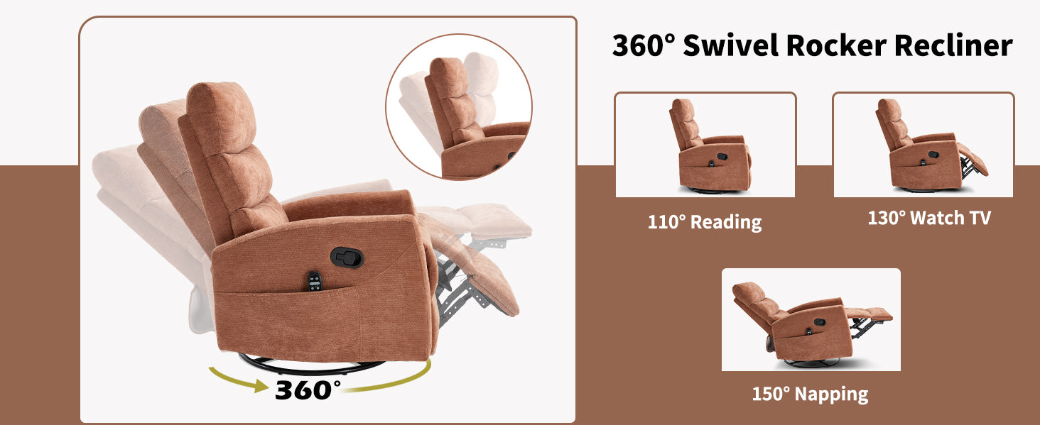 Heat Massage Manual Recliner Chair with Rocker and Swivel in Fabric for Living Room, Orange
