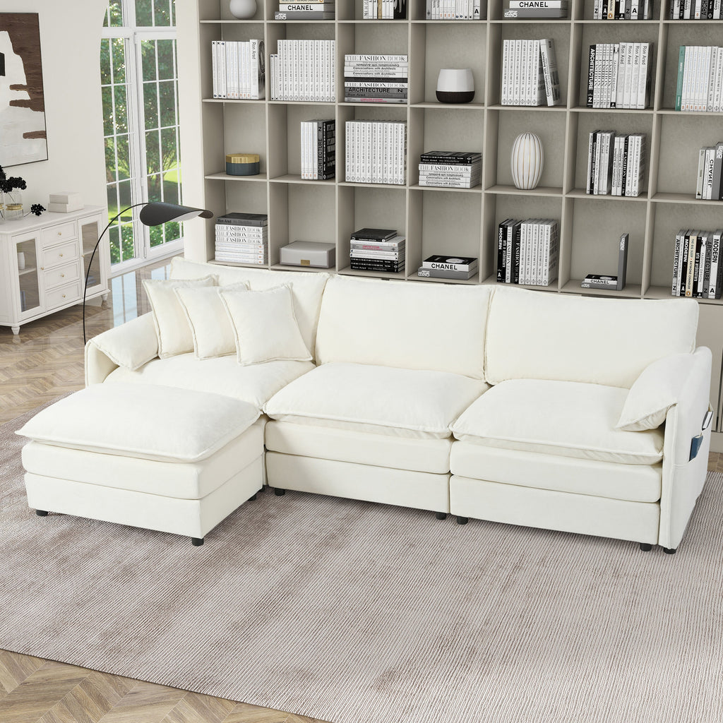 Modular Sectional Sofa, Oversized Deep Seat L Shaped Couch Set for Living Room, 3-Seater Comfy Cloud Couches with Movable Ottoman, DIY Combination, Chenille,Beige
