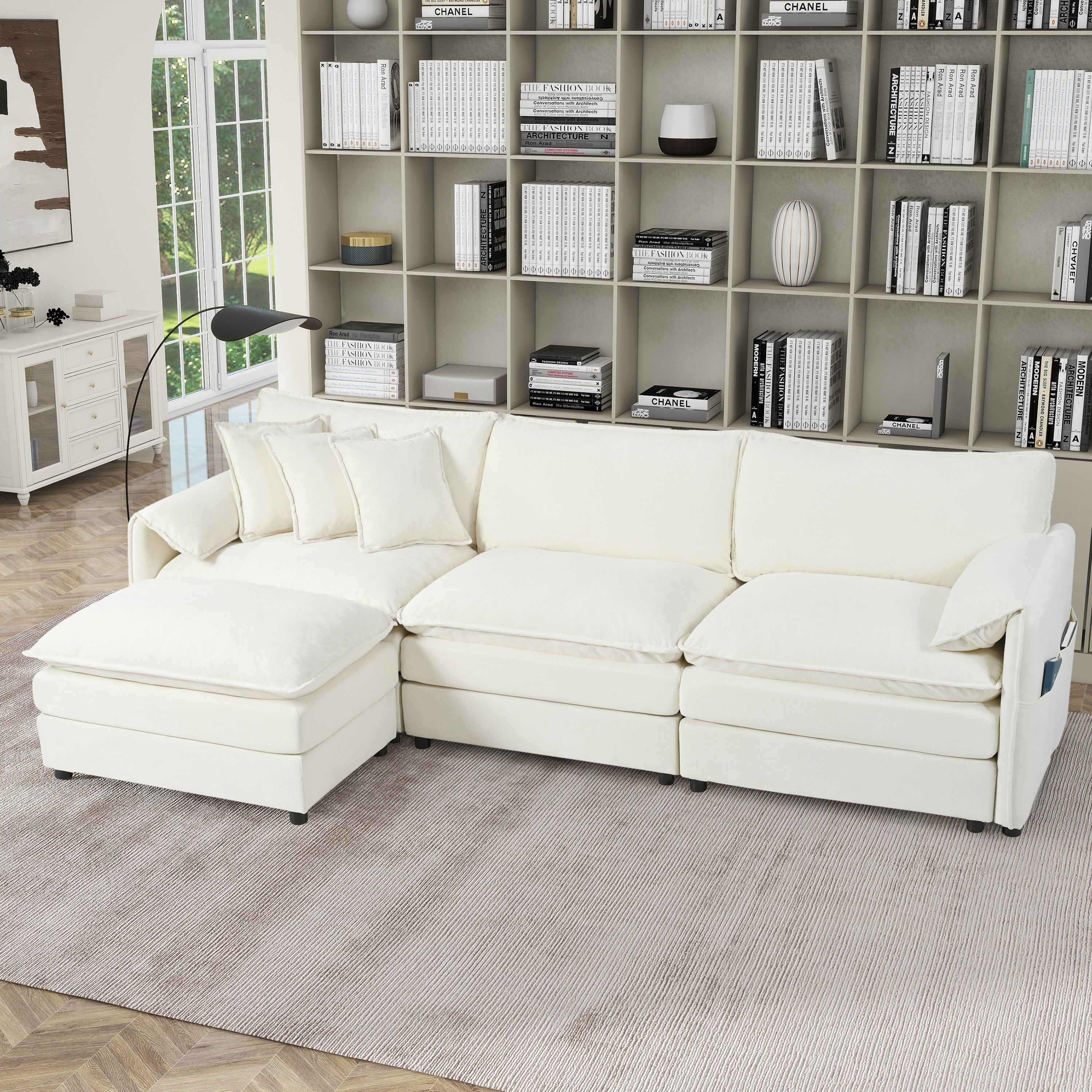 Modular Sectional Sofa, Oversized Deep Seat L Shaped Couch Set for Living Room, 3-Seater Comfy Cloud Couches with Movable Ottoman, DIY Combination, Chenille,Beige