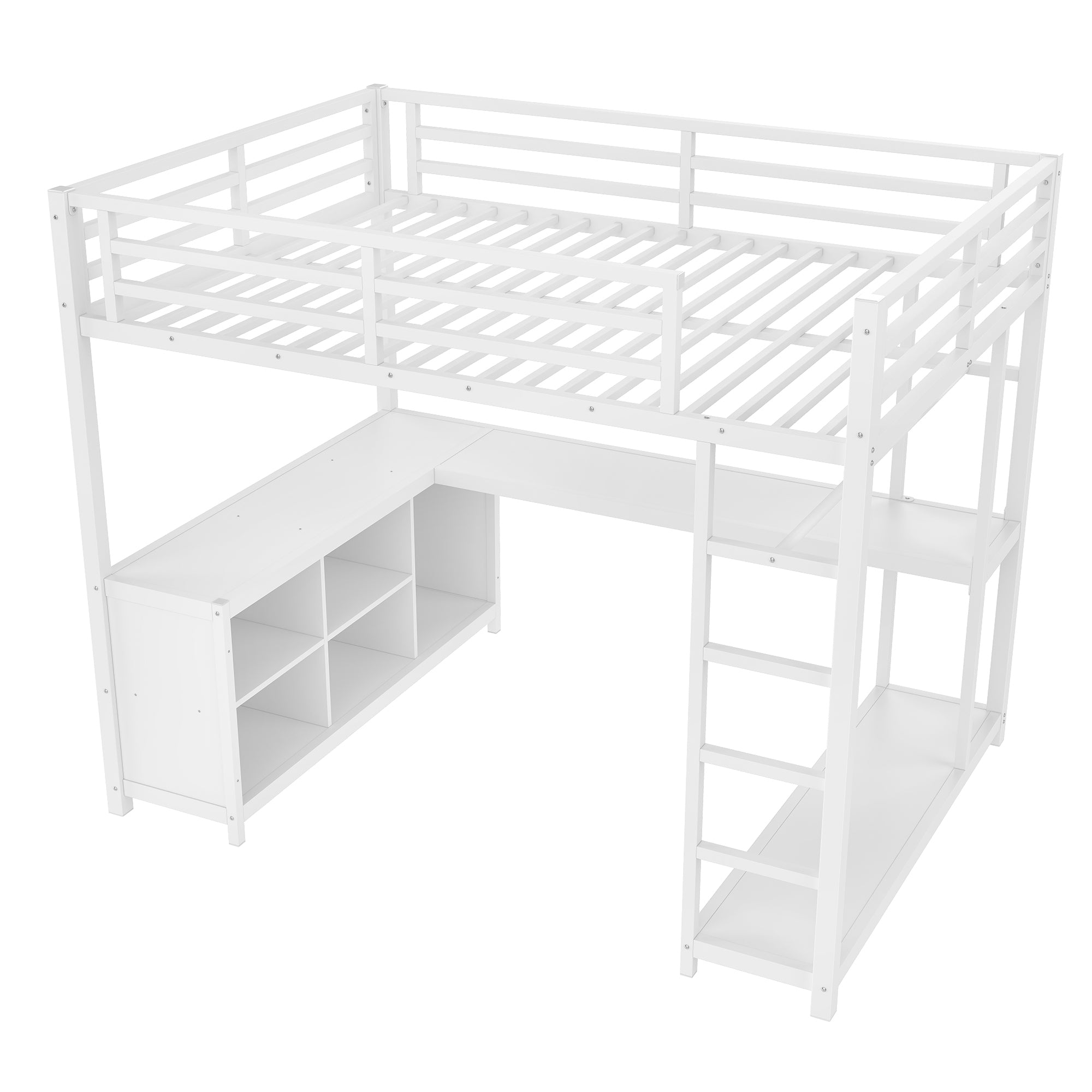 Metal Loft Bed with Wardrobe and L-shaped Desk, Full Size Loft Bed with Storage Cubes and Shelves, Loft Bed for Kids Teens Adults, White