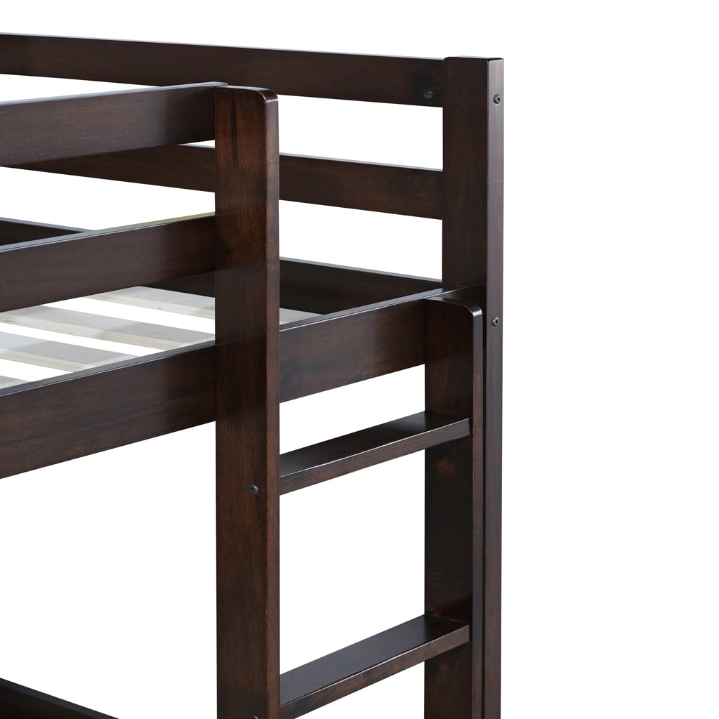 Solid Wooden, Solid Rubber Wooden Twin over Twin Floor Bunk Bed with Ladder, with Bed Platform of Strengthened Slats  , Espresso