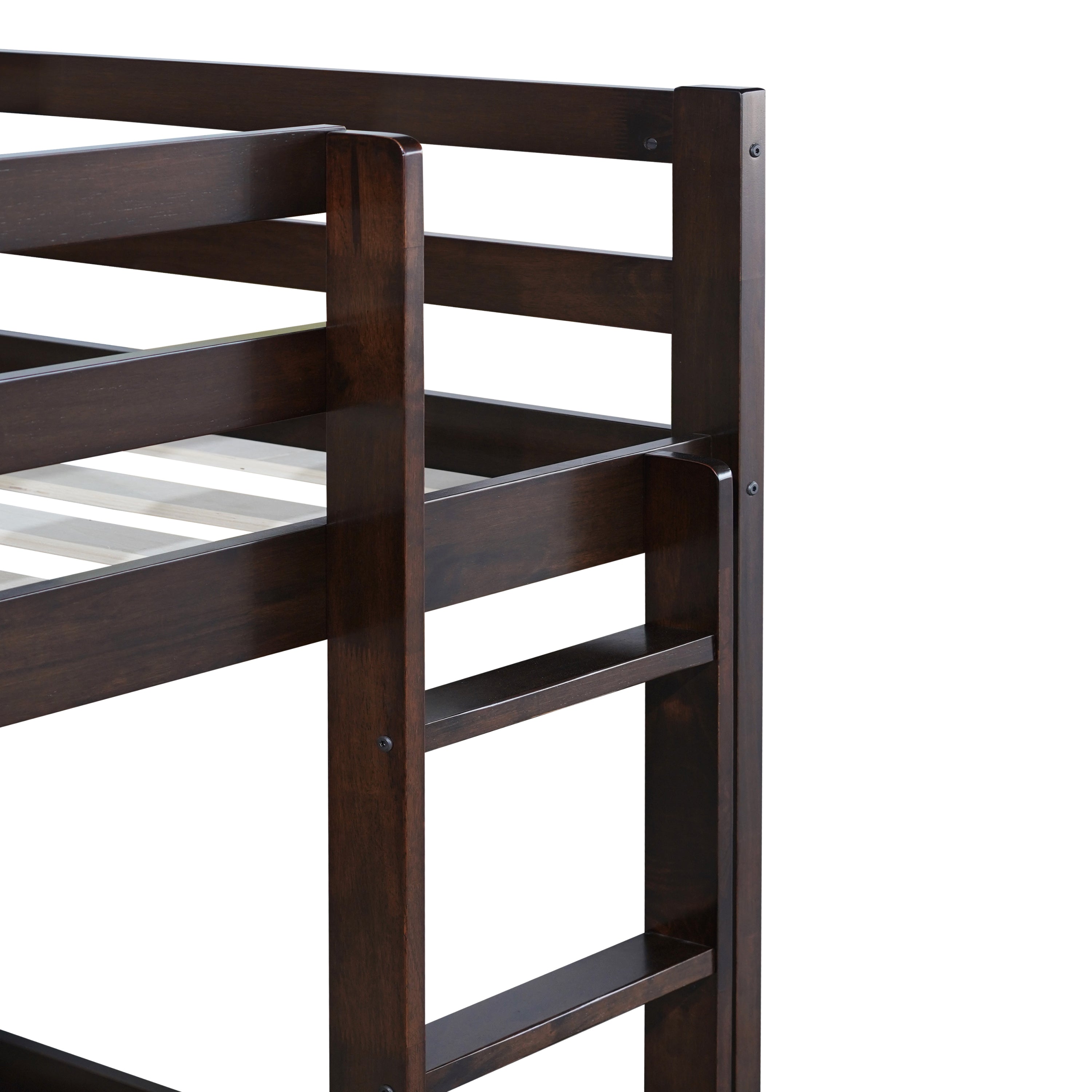 Solid Wooden, Solid Rubber Wooden Twin over Twin Floor Bunk Bed with Ladder, with Bed Platform of Strengthened Slats  , Espresso
