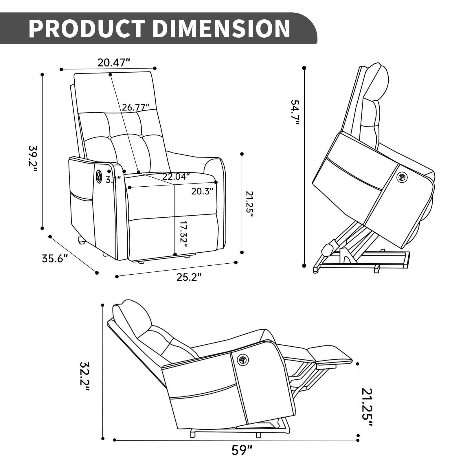 Black PU Single Motor Power Lift Recliner Chair with Massage and Heat for Elderly, Heavy Duty Motion Mechanism and One USB for Charging, Max Reclining Angle 155°