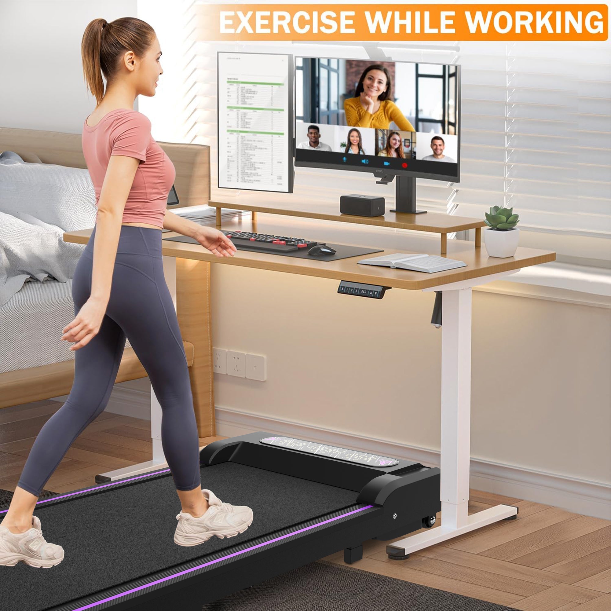 Under Desk Treadmill, Walking Pad, 2 in 1 Portable Treadmill with Handle Remote Control LED Display, Walking Jogging Machine for Home Office Use Black