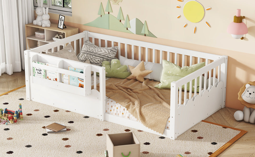 Twin Floor bed with Heightened Fence and bookshelf ,Wood Floor Bed for Kids, White.