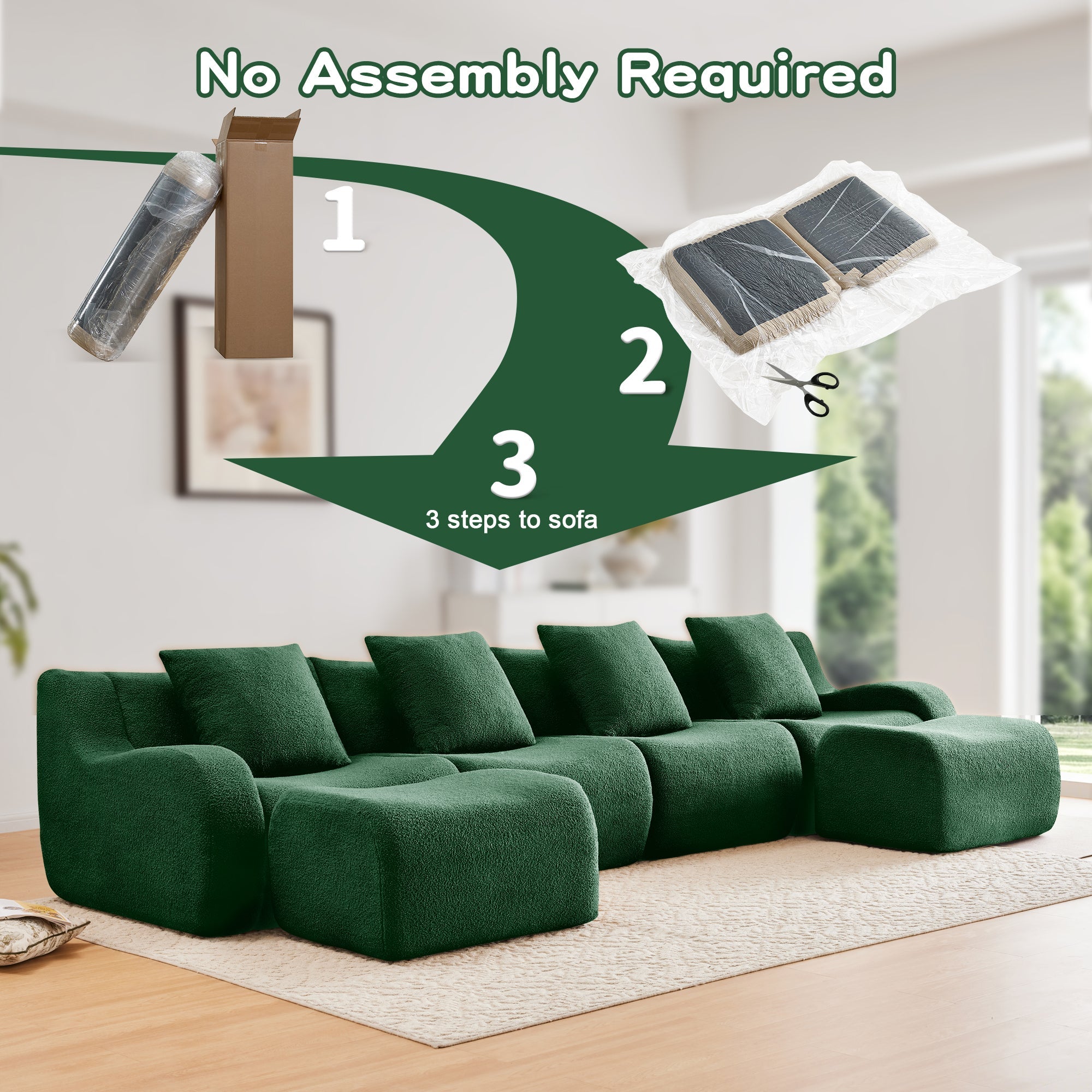U-Shaped Boneless Sofa,Teddy Fabric No assembly required   Curved armrest,Anti-slip Design,Streamlined Design 32D High Density Sponge,Full Compression Vacuum Packag,For Studies living Rooms,Green
