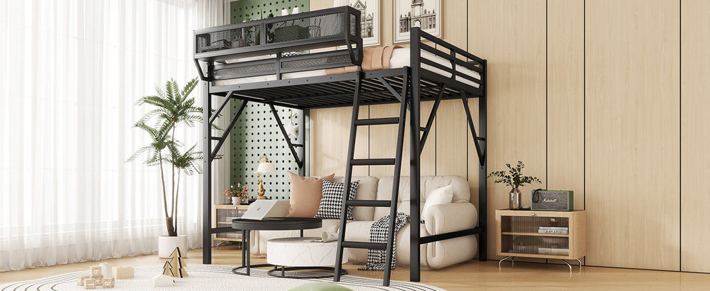 Queen Size Loft Bed with Ladder, Metal Queen Loft Bed with Storage Shelves, High Loft Bed for Kids Teens, Black(Expect Arrival Date 2025/12/3, Old SKU W2580P353530)