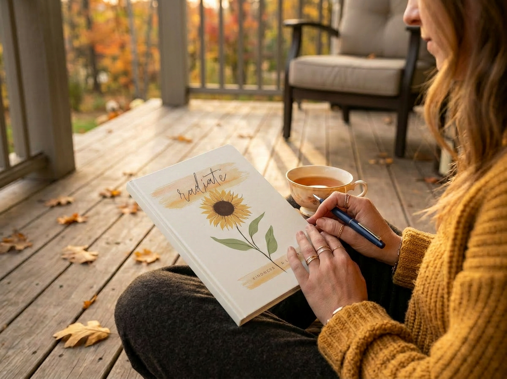Sunflower Journal Hardcover Notebook | Radiate Inspirational Notebook | Floral Writing Journal | Self Care Gift for Women