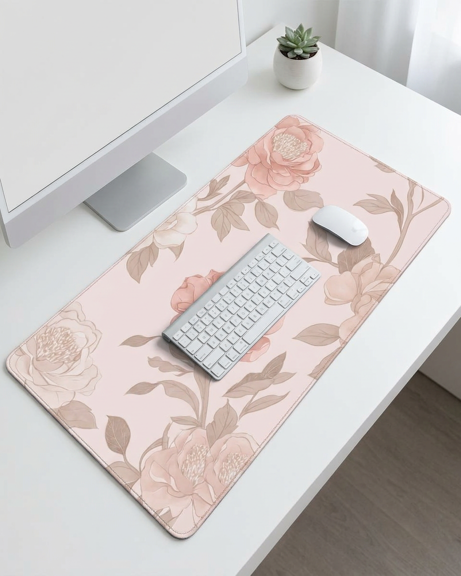 Rose & Blush Floral Desk Mat — Wide Soft Bloom Mouse Pad