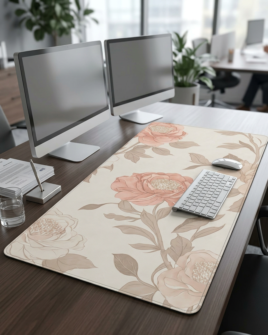 Rose & Blush Floral Desk Mat — Wide Soft Bloom Mouse Pad