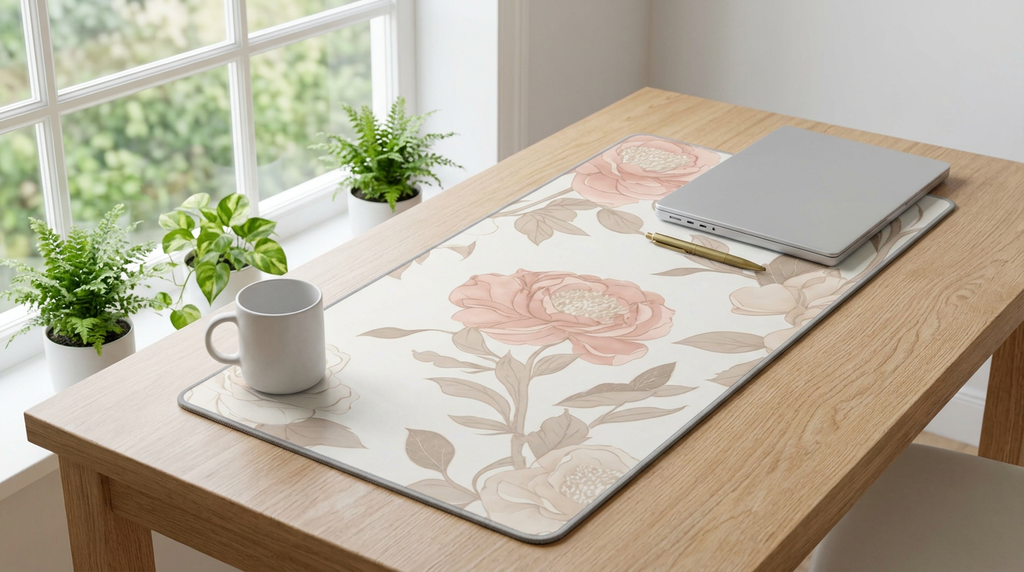 Rose & Blush Floral Desk Mat — Wide Soft Bloom Mouse Pad