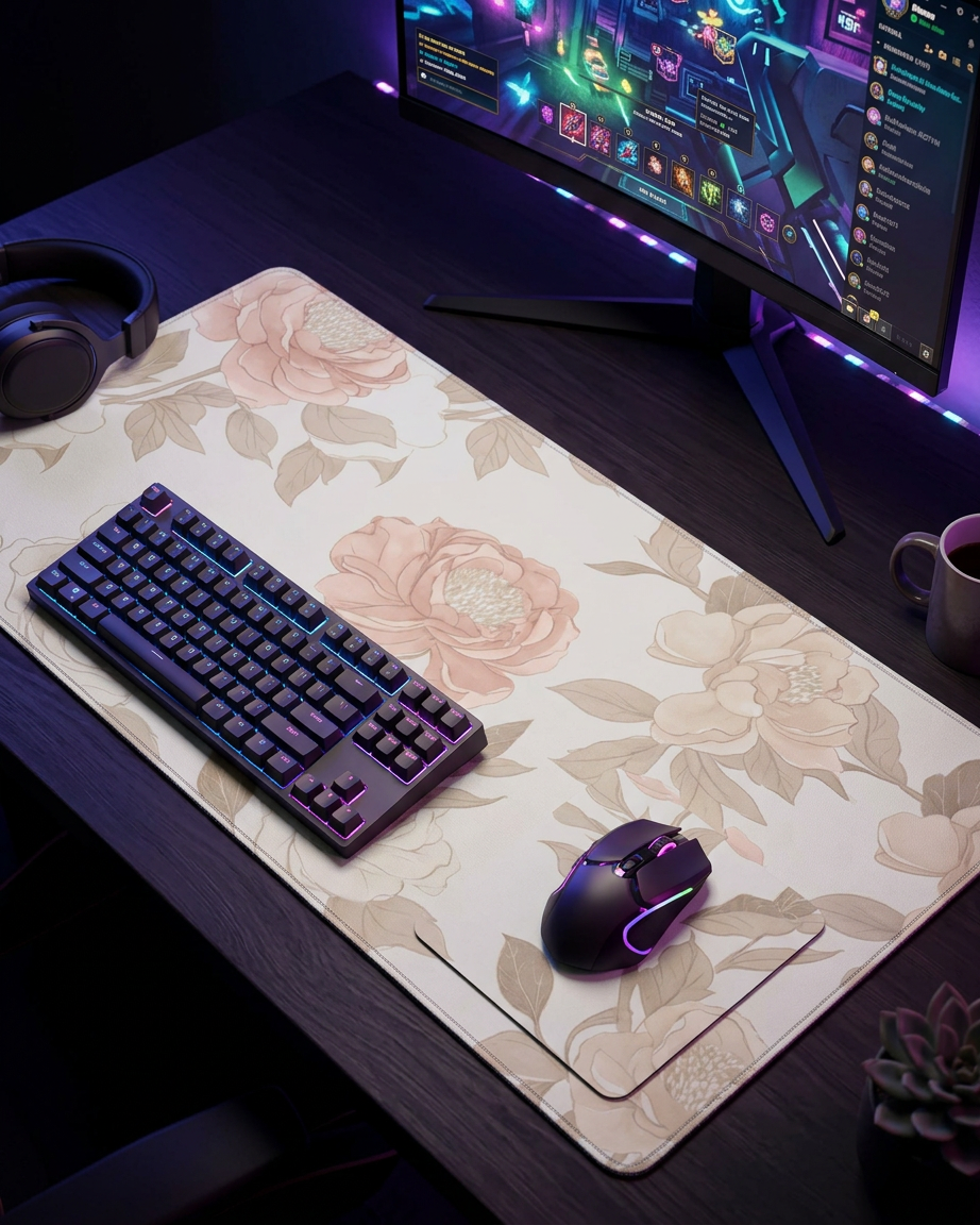 Rose & Blush Floral Desk Mat — Wide Soft Bloom Mouse Pad