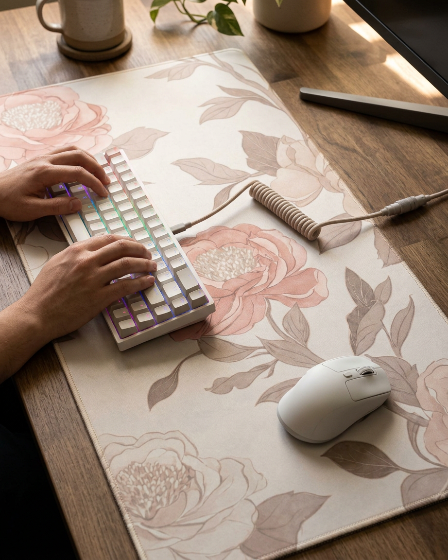 Rose & Blush Floral Desk Mat — Wide Soft Bloom Mouse Pad