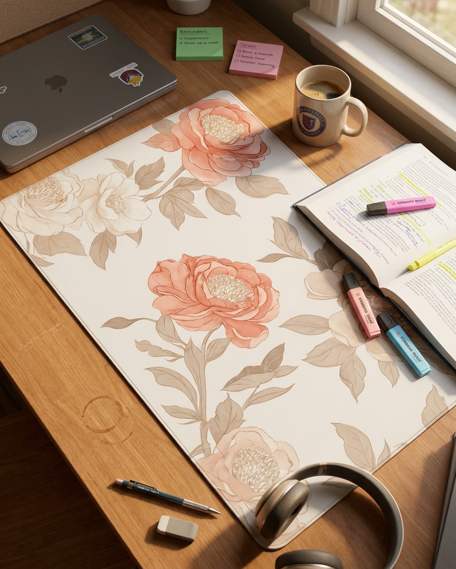 Rose & Blush Floral Desk Mat — Wide Soft Bloom Mouse Pad