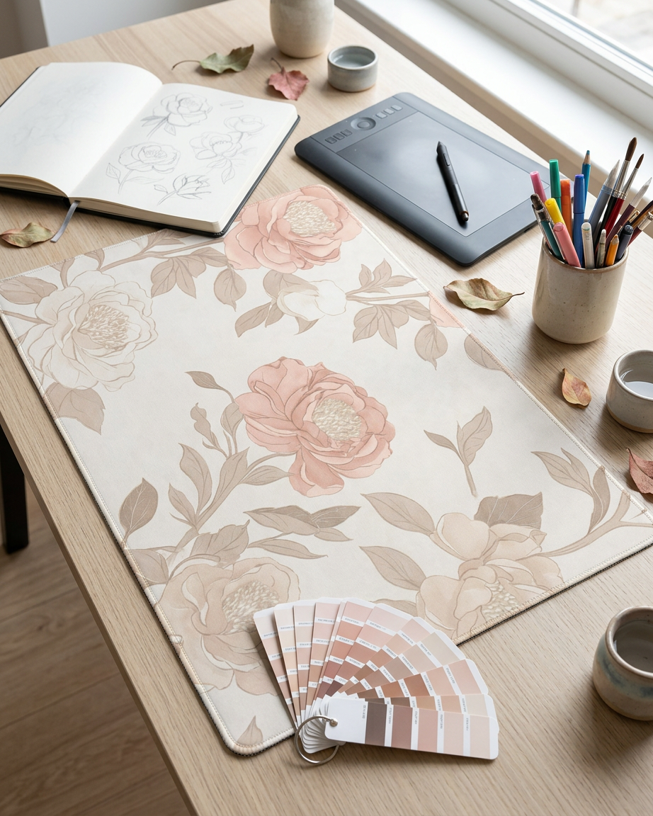 Rose & Blush Floral Desk Mat — Wide Soft Bloom Mouse Pad