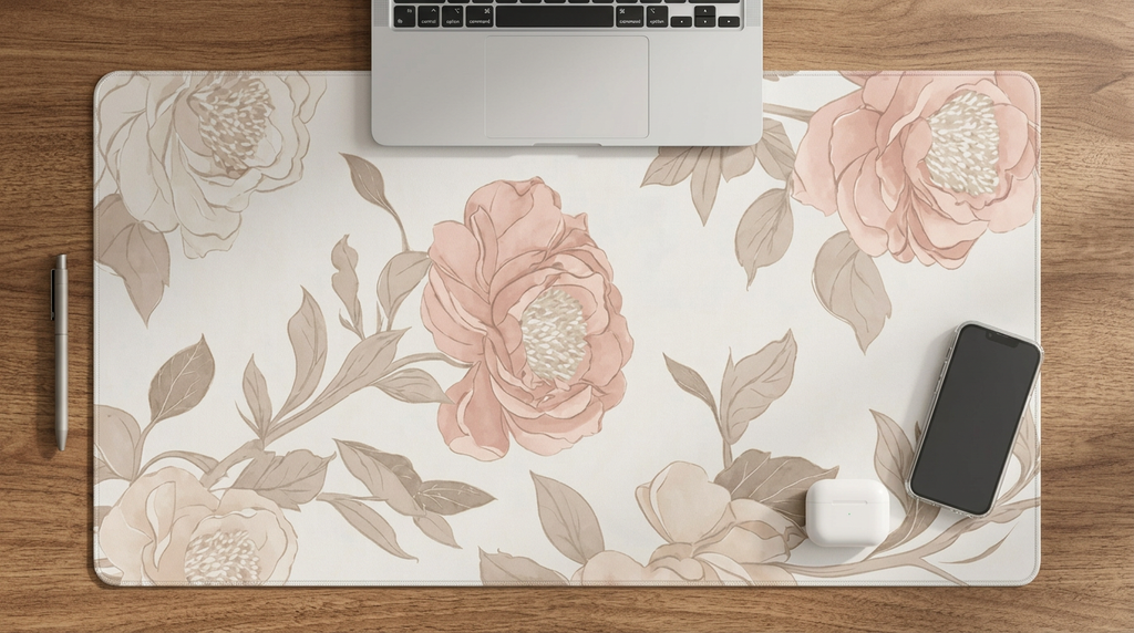 Rose & Blush Floral Desk Mat — Wide Soft Bloom Mouse Pad