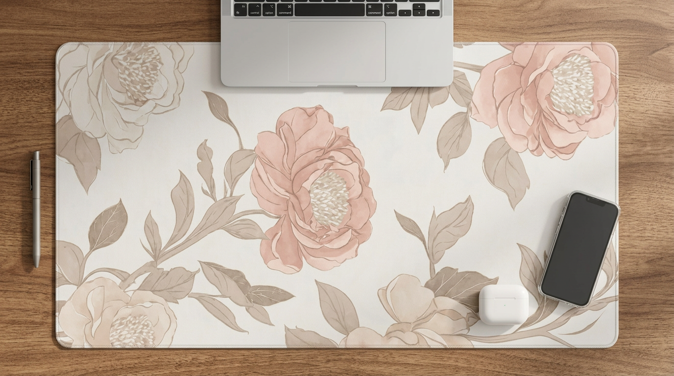 Rose & Blush Floral Desk Mat — Wide Soft Bloom Mouse Pad