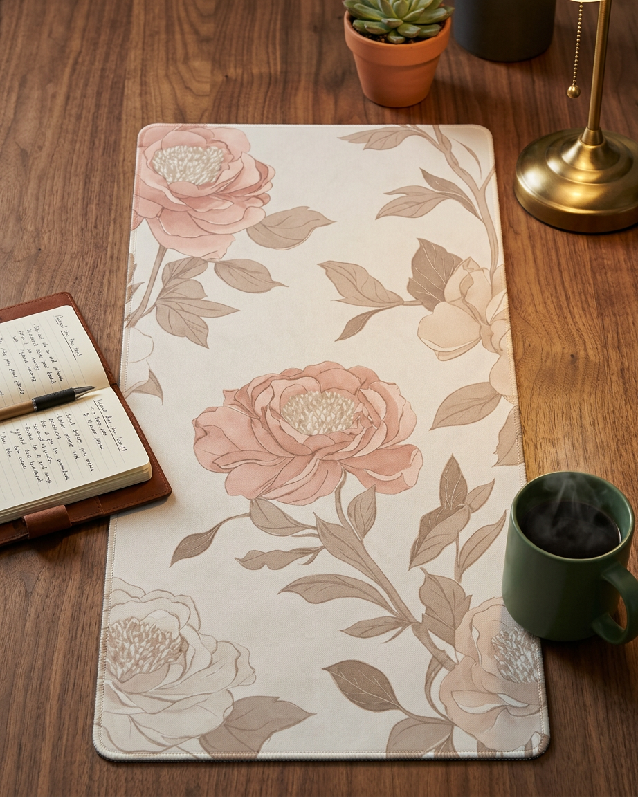 Rose & Blush Floral Desk Mat — Wide Soft Bloom Mouse Pad