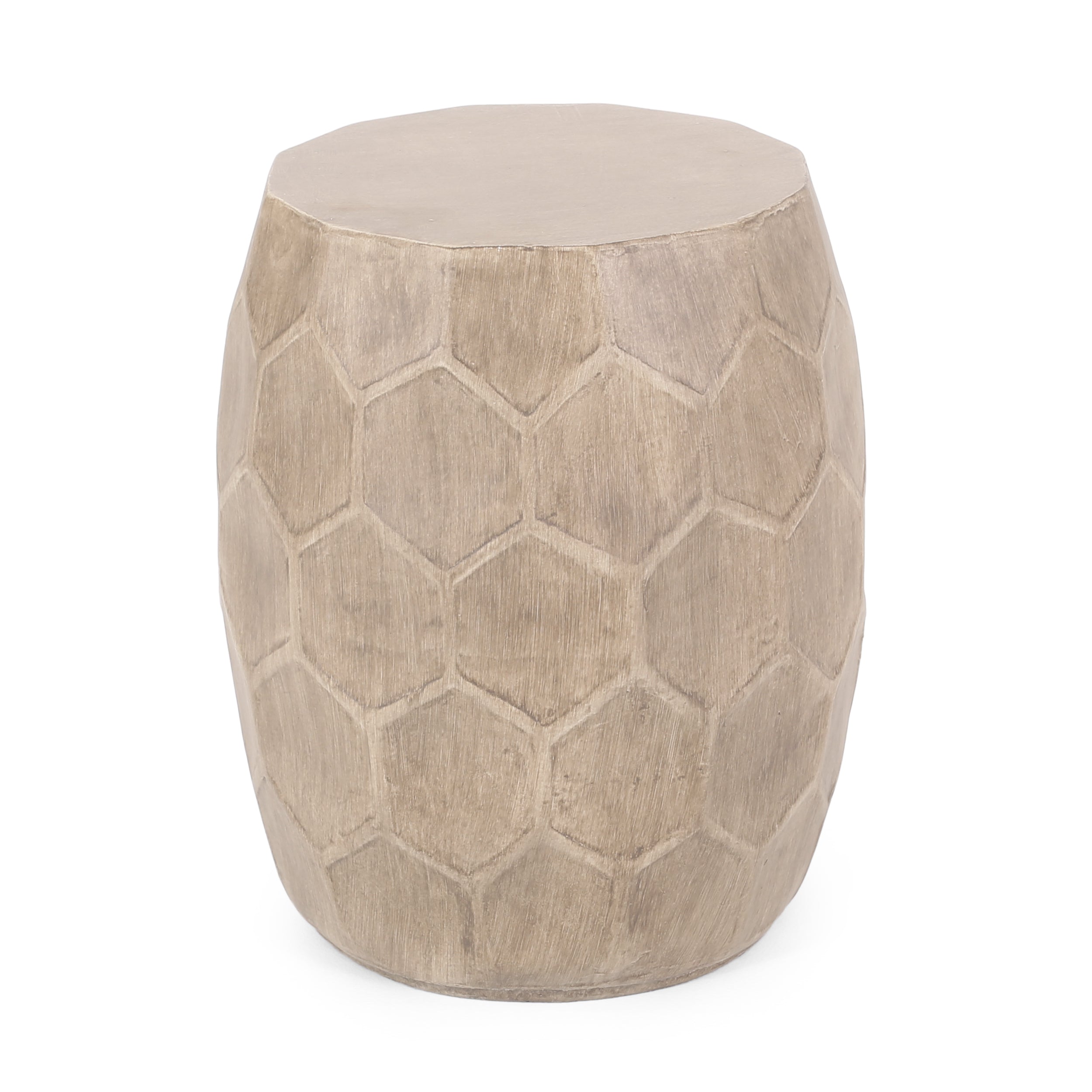 Boho Outdoor Lightweight Concrete Side Table with Honeycomb Pattern in Natural Finish, Magnesium Oxide, 15.25 x 15.25 x 18.25 inches