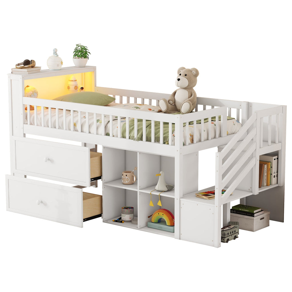Twin Size Loft Bed with LED and Bookshelf, Wood Low Loft Bed with Stairs, Kids Twin Loft Bed with Storage Drawers and Shelves,White (Expect Arrival Date 2025/1/20)