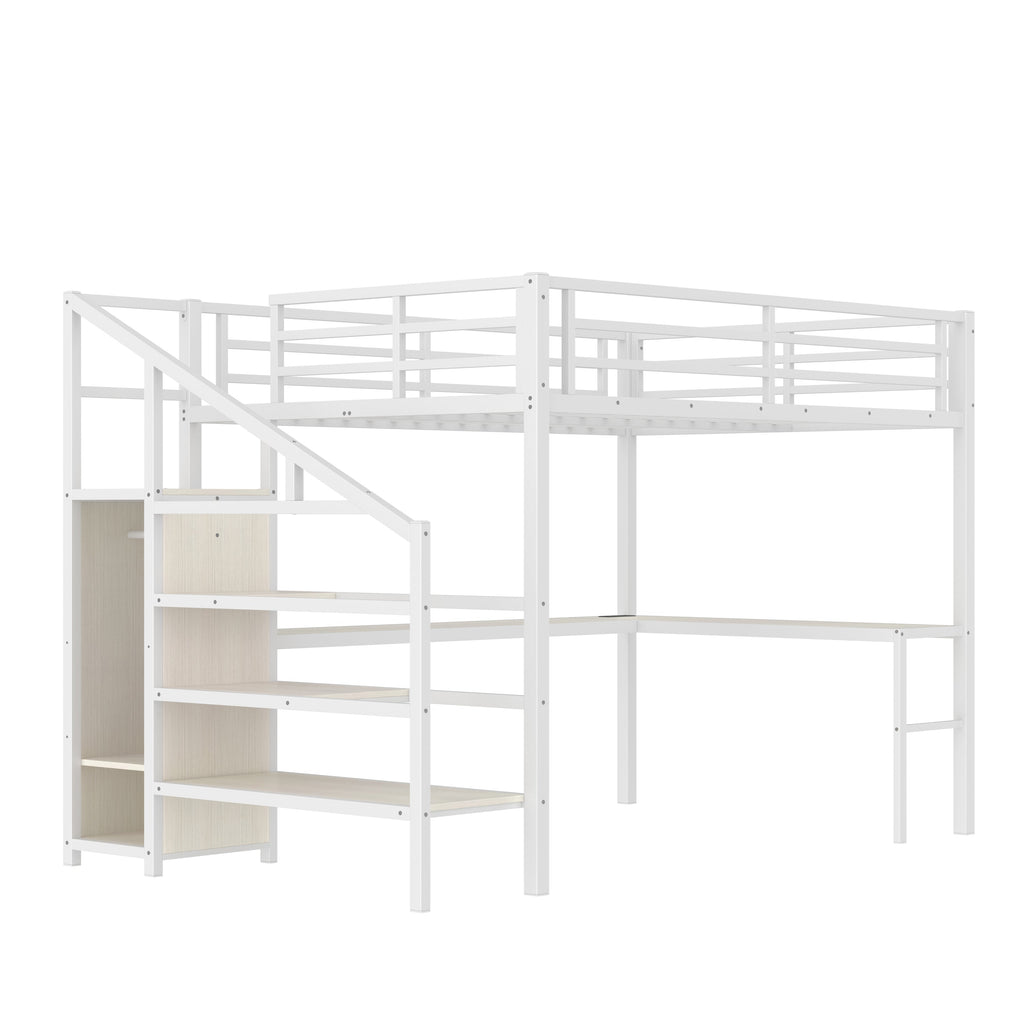 Queen Size Loft Bed with L-shaped Desk and USB, Metal Loft Bed with Wardrobe and Adjustable Shelf, High Loft Bed with LED for Kids Teens Adults, White Wood-grain