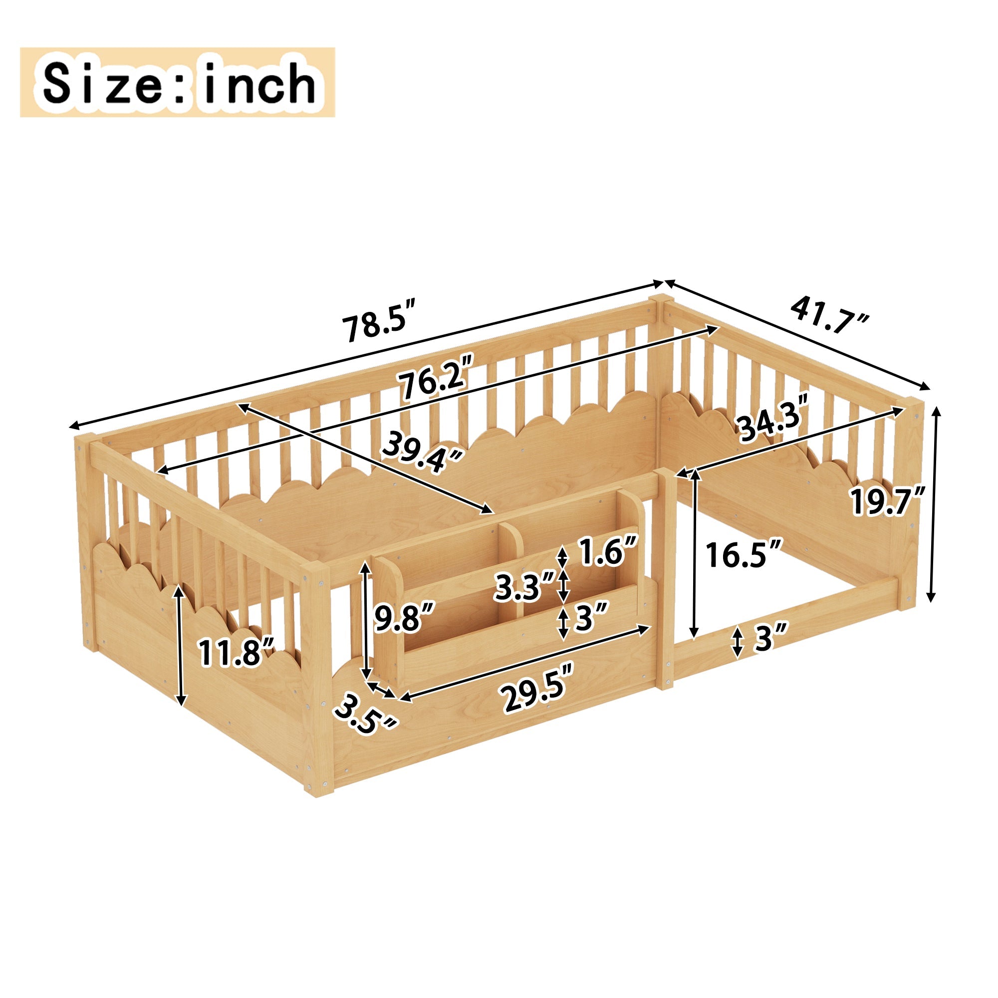 Twin Floor bed with Heightened Fence and bookshelf ,Wood Floor Bed for Kids, Natural.