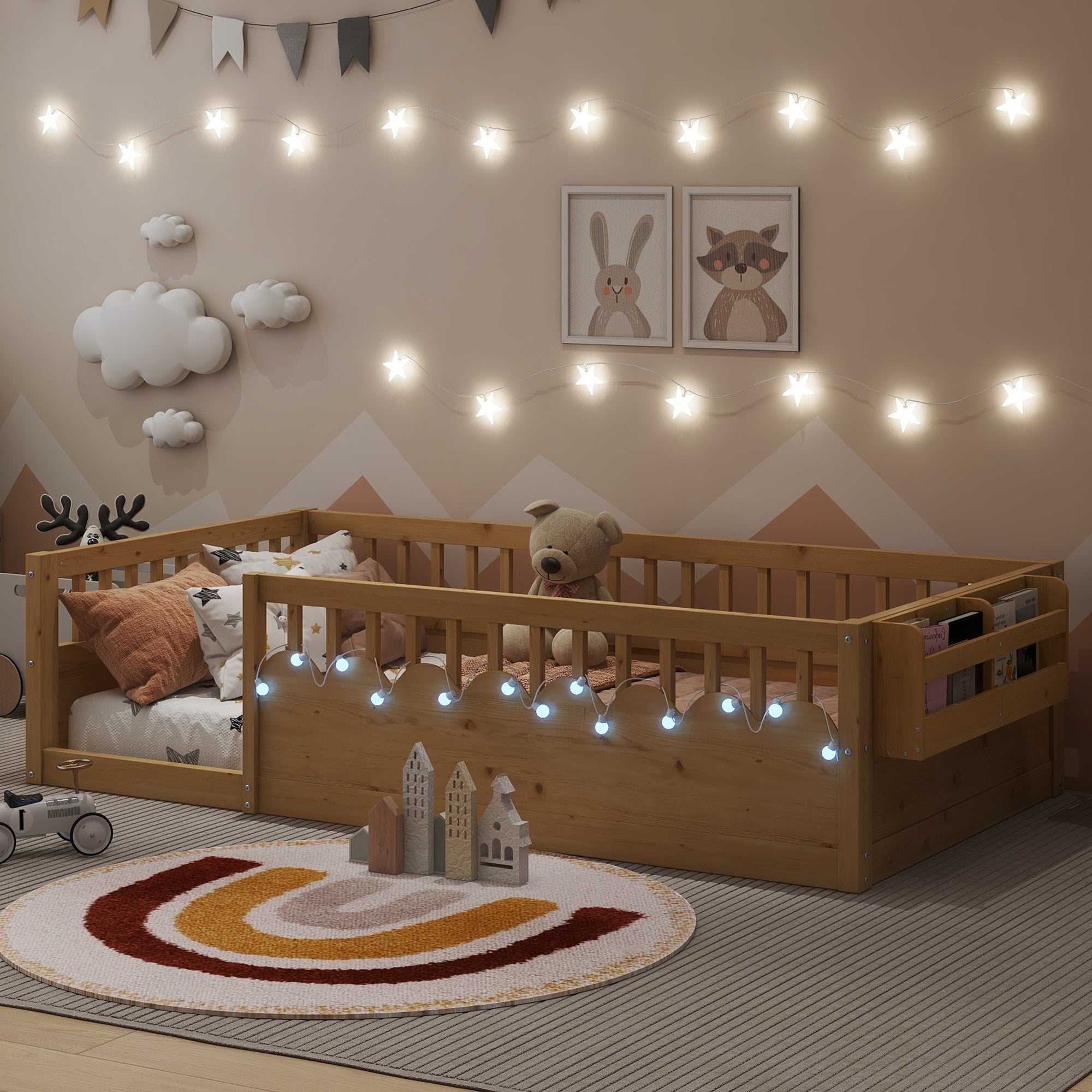 Twin Montessori Floor Bed Frame with High Rails, Wood Kids Floor Beds with Light and Storage Shelf, Natural (Expect Arrival Date 2025/8/15)
