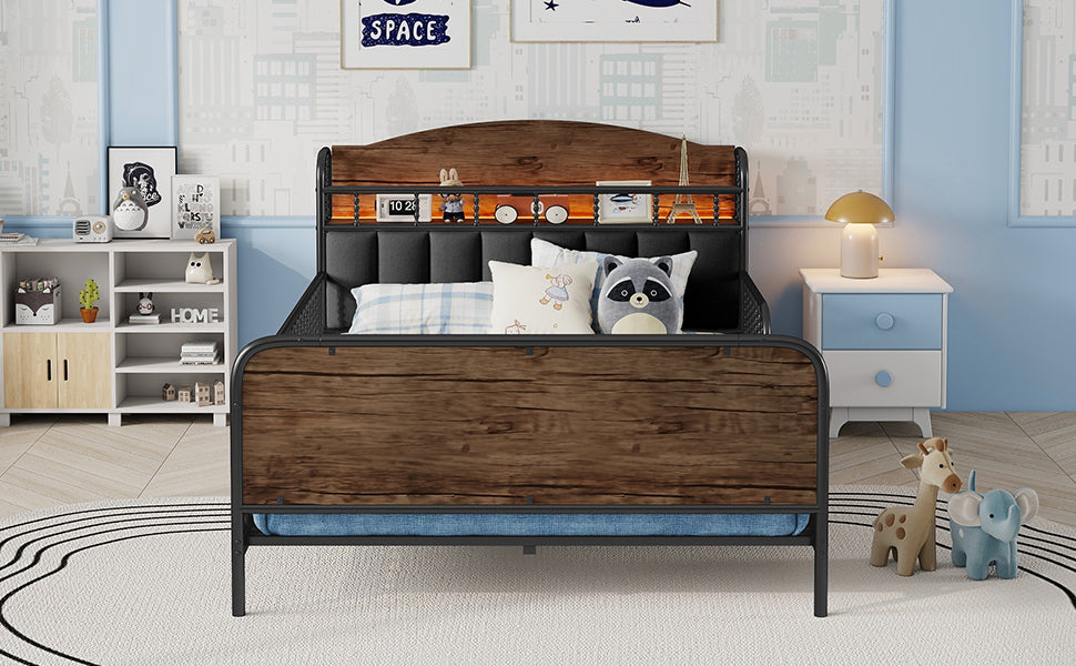 Full Size Metal Platform Bed Frame with Light, Kids Full Metal Bed with Upholstered and Storage Headboard, Black (Expect Arrival Date 2025/10/5)
