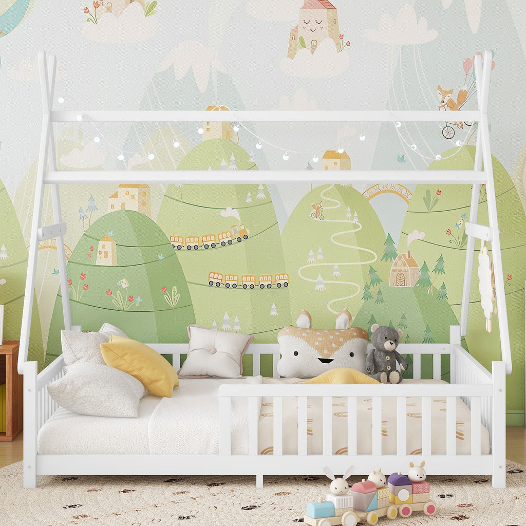 Full House Bed with Light, Low Floor House Bed with Fence and Roof for Kids Boys Girls,White(Expect arrive date 2025/7/20)