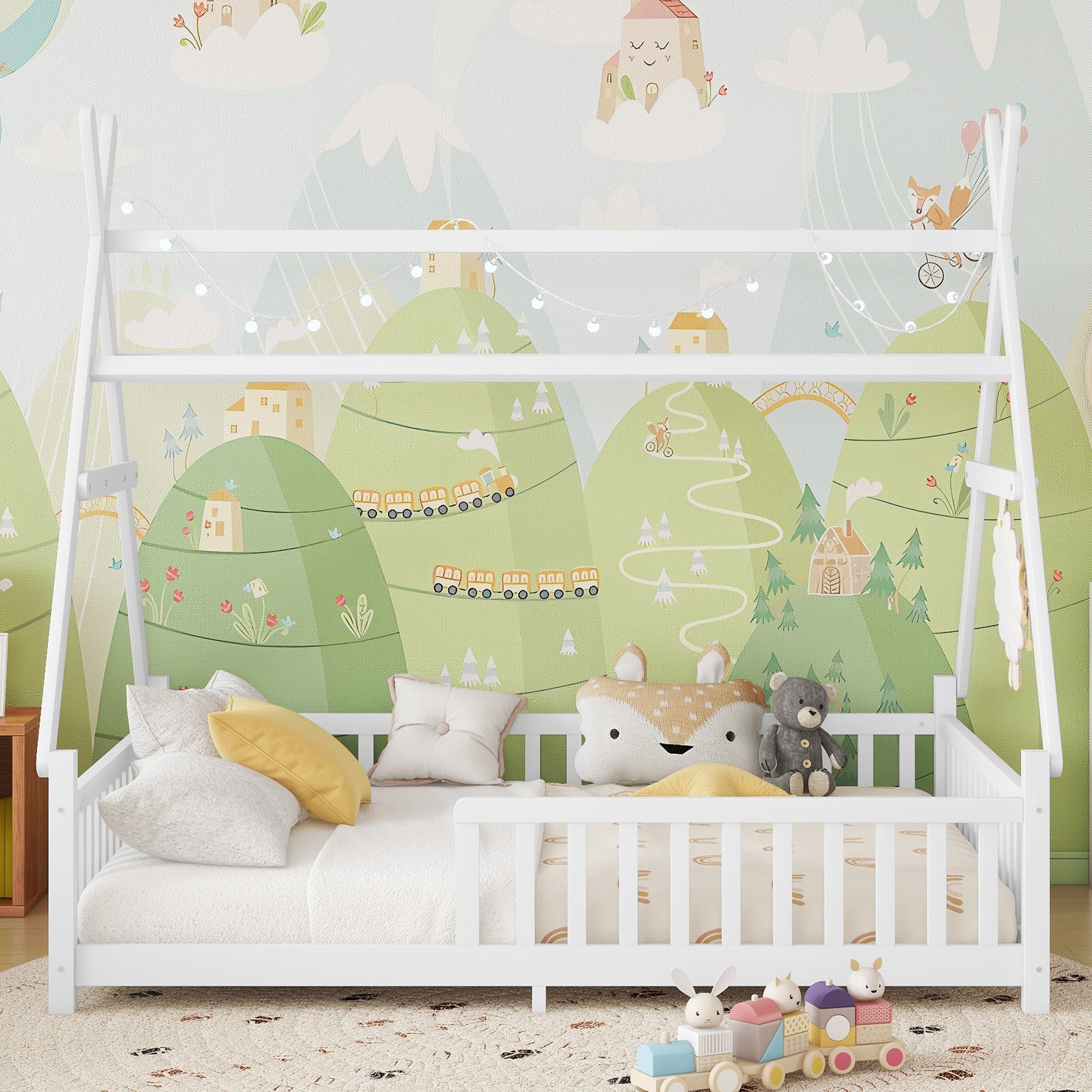 Full House Bed with Light, Low Floor House Bed with Fence and Roof for Kids Boys Girls,White(Expect arrive date 2025/7/20)
