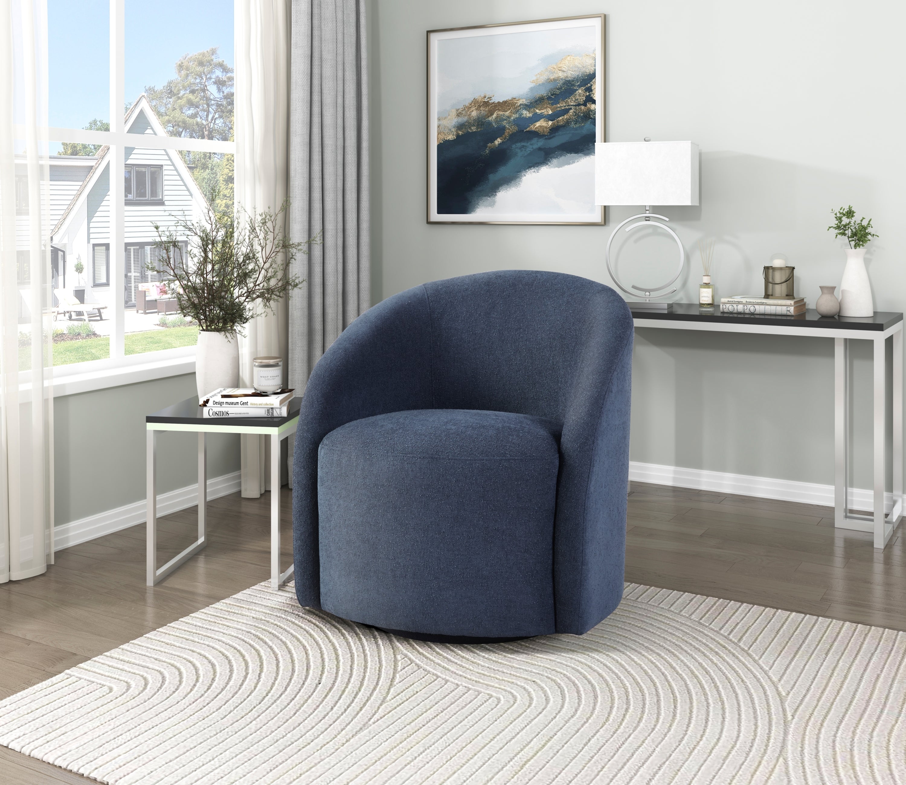 Blue Boucle Swivel Barrel Chair 1pc Solid Wood Durable Contemporary Living Room Furniture Luxurious Accent Seating