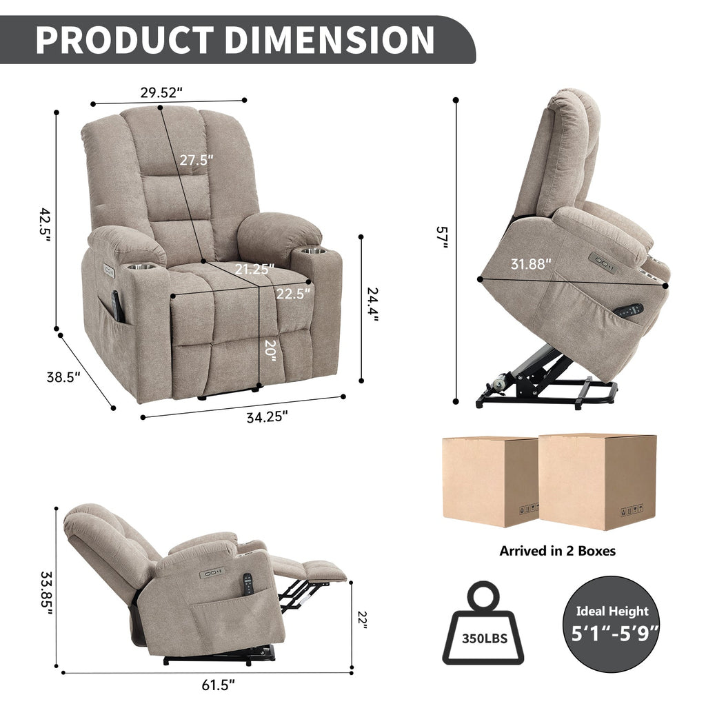 Power Lift Recliner Chair with Massage and Heat for Elderly, Overstuffed Wide Recliners, Heavy Duty Motion Mechanism with USB and Type C Ports, 2 Steel Cup Holders, Khaki