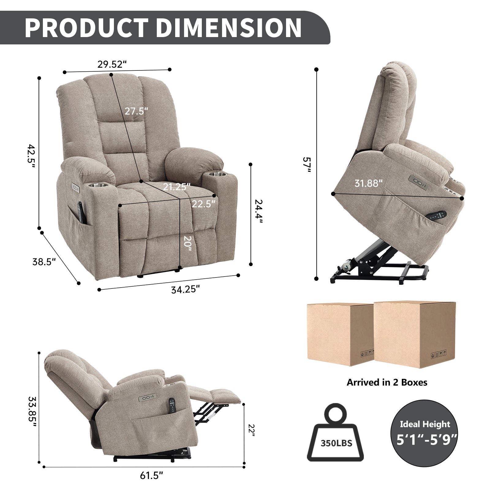 Power Lift Recliner Chair with Massage and Heat for Elderly, Overstuffed Wide Recliners, Heavy Duty Motion Mechanism with USB and Type C Ports, 2 Steel Cup Holders, Khaki