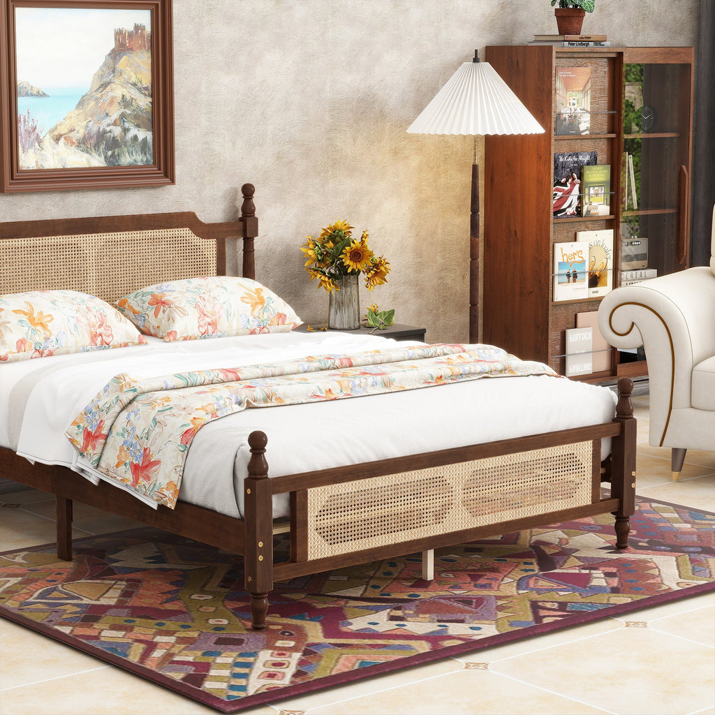 Queen Pine wooden Bed with Rattan Headboard  and Footboard, with  Central Enhanced Bed Platform,Walnut