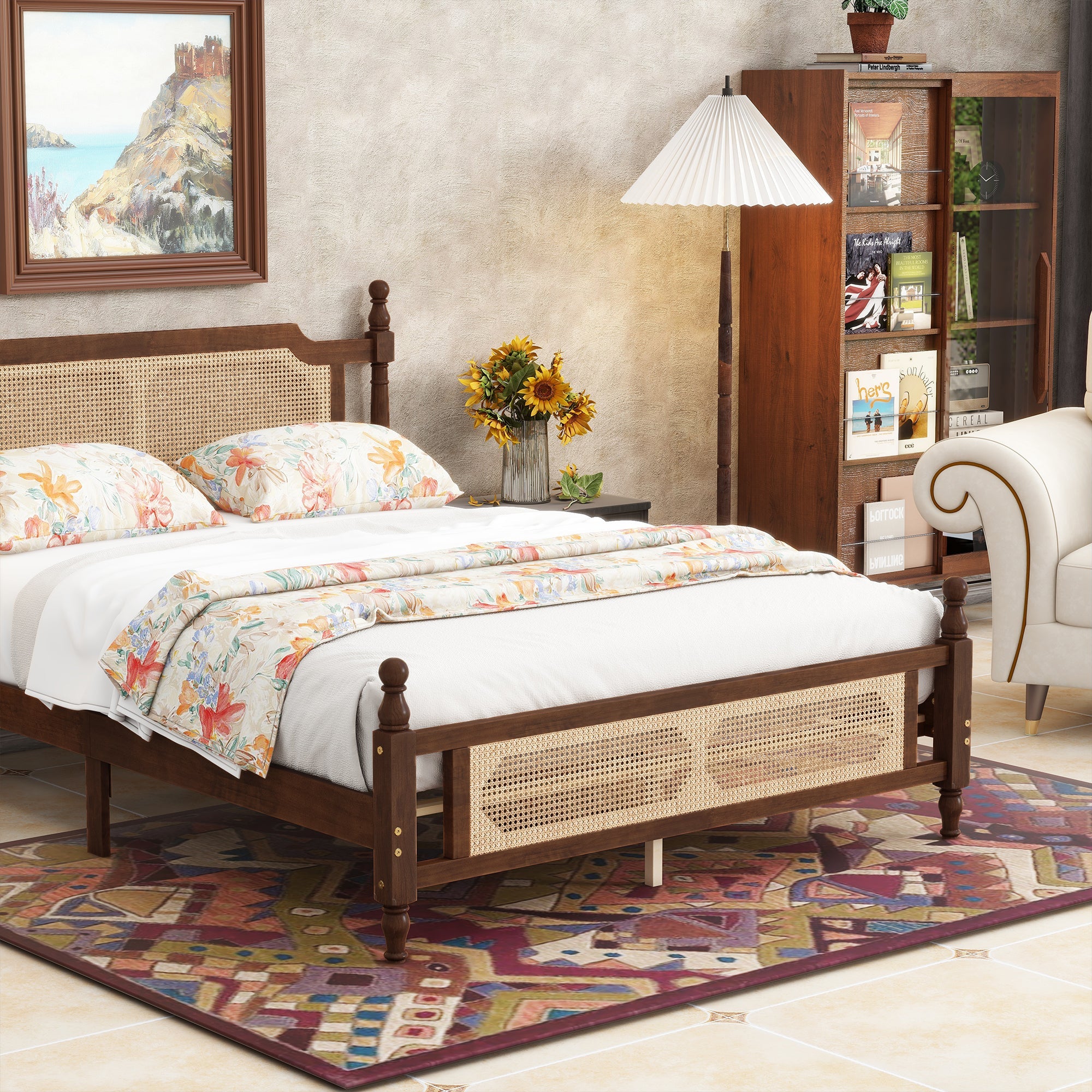 Queen Pine wooden Bed with Rattan Headboard  and Footboard, with  Central Enhanced Bed Platform,Walnut