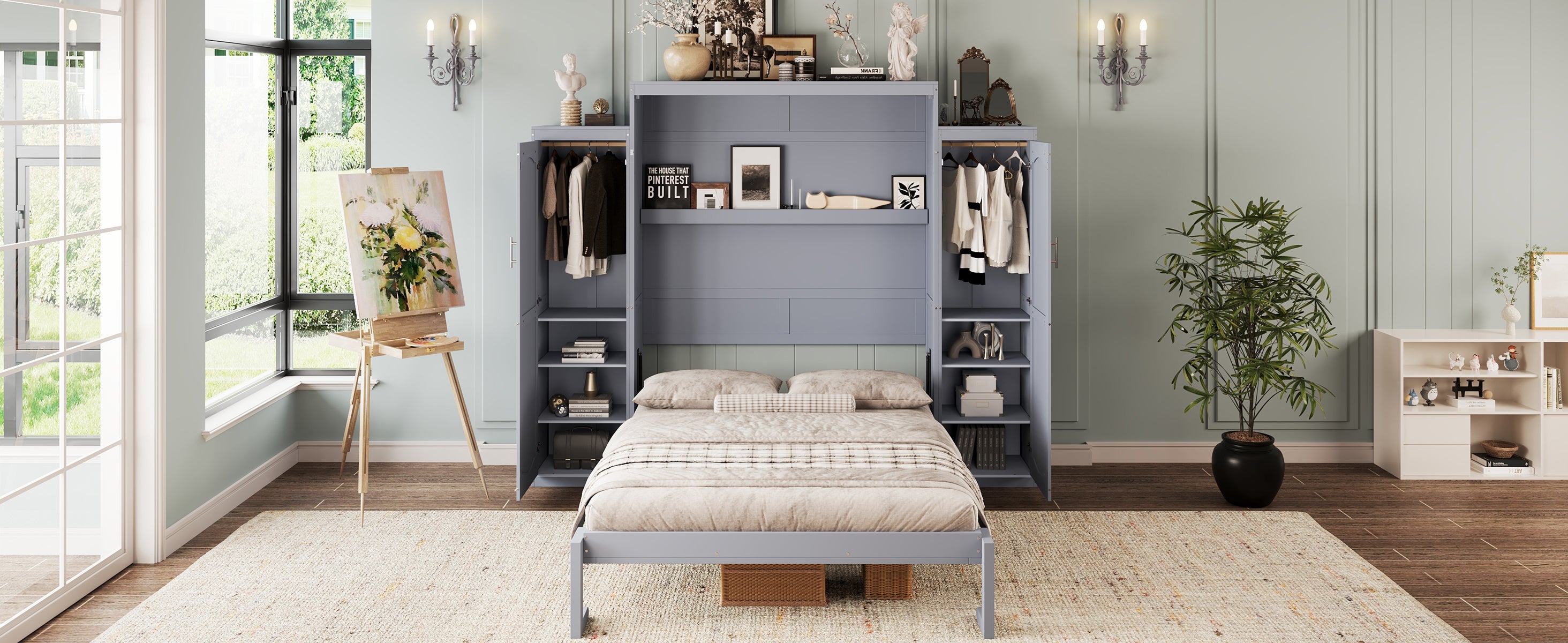 Queen Size Murphy Bed, Wooden Queen Wall Bed with 2 Wardrobe and Storage Shelf, Multifunctional Foldable Platform Bedframe for Guest-Room, Bedroom, Gray