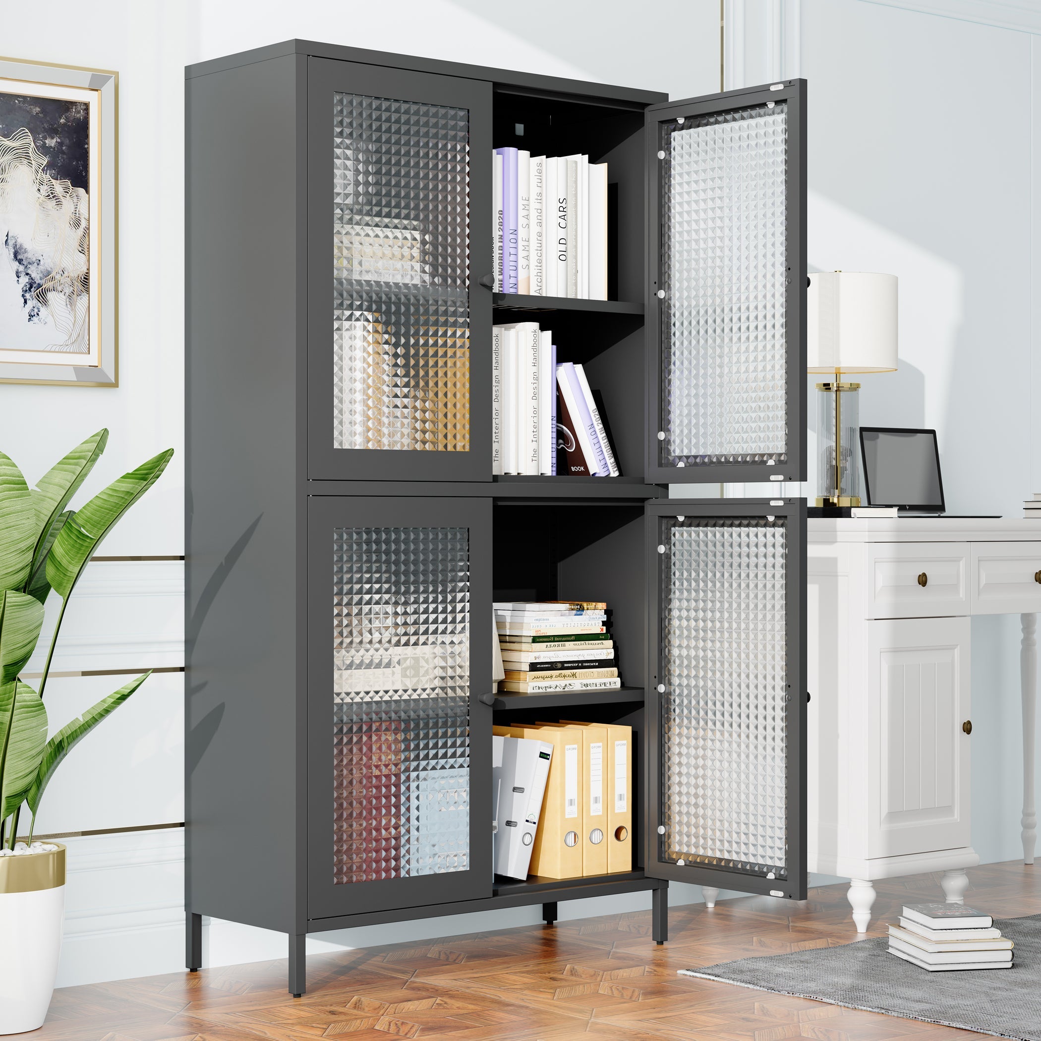Classic Metal Storage Cabinet Display Cabinet with 4 Glass Doors 4 Shelves Cabinet  Bookcase Side Cabinet for Home Office Living Room Kitchen Hallway - Black, Waffle Grids Tempered Glass